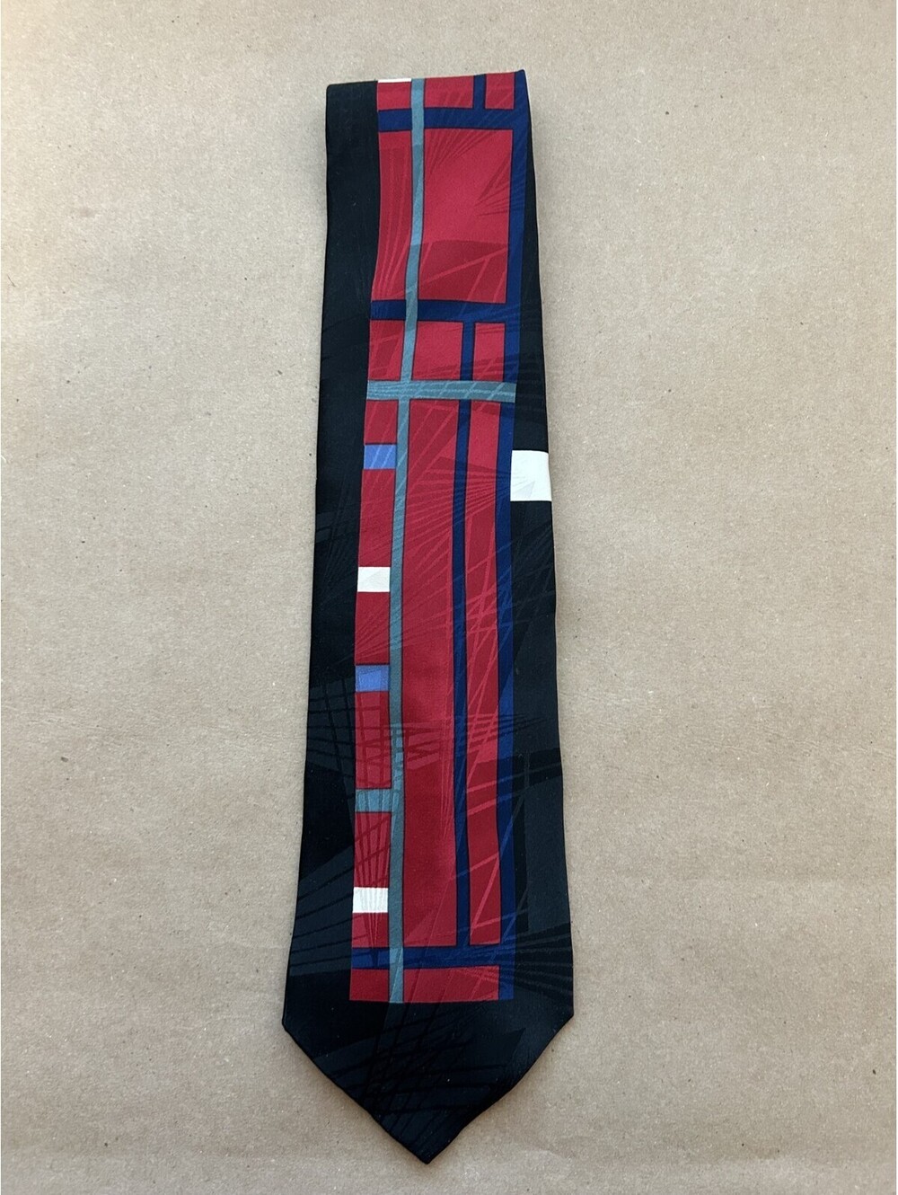 Courreges Homme Geometric Silk Men's neck tie, Red Blue Black White